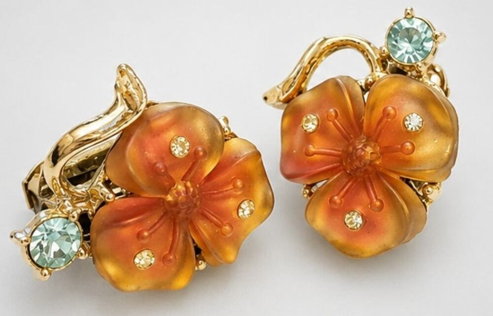 Vintage Flower Earrings Clip Ons Flower Earrings Pink Glass Blue Rhinestone rc43